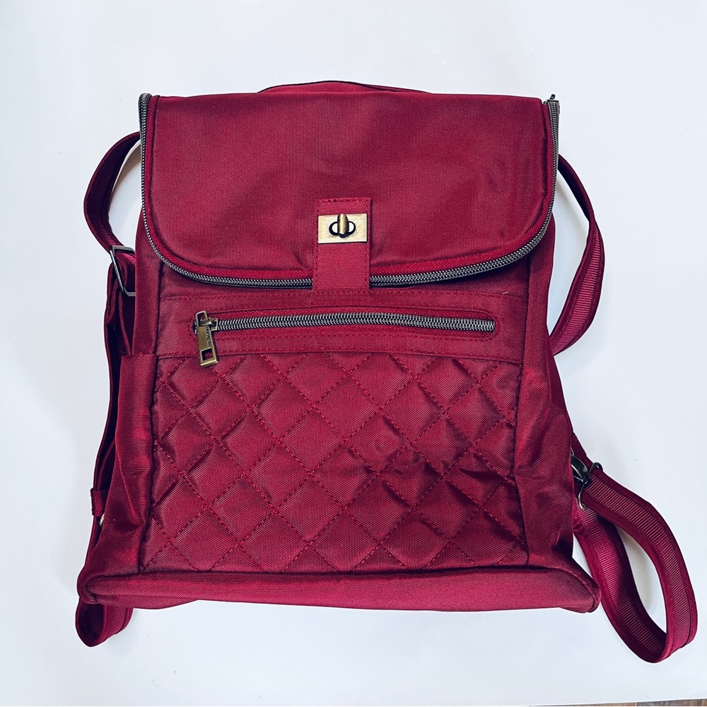 TRAVELON Anti-theft Fold-Over Quilted Berry Red Wine Convertible Backpack Purse